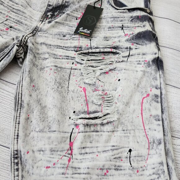 Men’s Distressed Gray Denim Shorts With Pink Paint Splatter Big and Tall - Picture 3 of 14